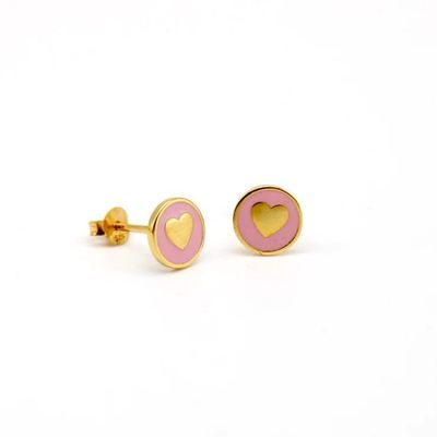 Brincos de coração de prata esterlina 925 de 8mm com esmalte rosa