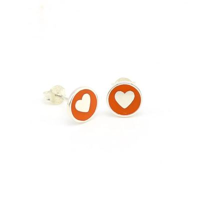 Brincos de coração de prata esterlina 925 de 8mm com esmalte rosa
