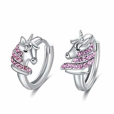 Brincos de argola de unicórnio em prata esterlina 925, 16mm, com zircônia rosa para crianças