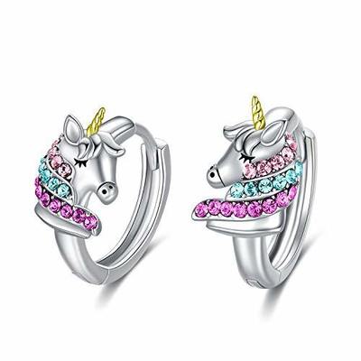 Brincos de argola de unicórnio em prata esterlina 925, 16mm, com zircônia rosa para crianças
