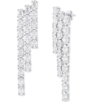 White CZ Oval Bridal Brass Tennis Wedding Earrings White Gold Plated for Bridal Party