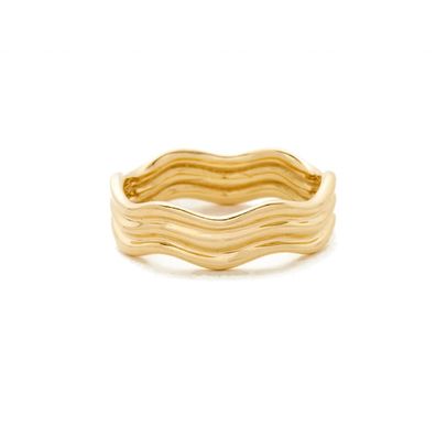 Anel de onda de ouro 14K de design exclusivo altamente polido para mulheres e homens estilo clássico