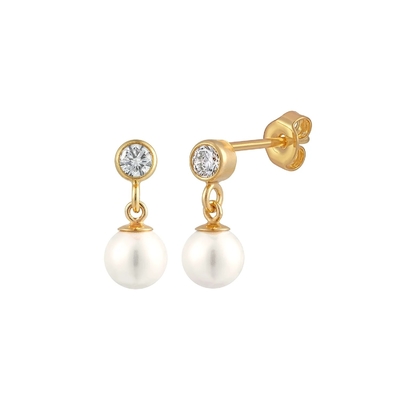 Bezel Setting CZ Stud Earring Perla Branca 925 Sterling Silver Drop Earring